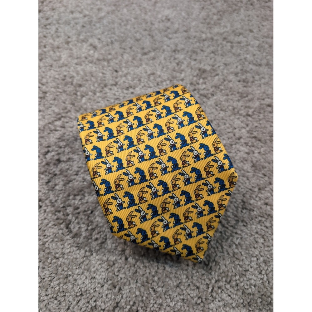 Pura Seta Italy Mens Silk Tie Yellow Blue Bunny Rabbit Animal Print Novelty